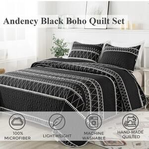 Boho Stitched Black King Quilt 3-Pc Set Bedding Comforter Duvet All Seasons